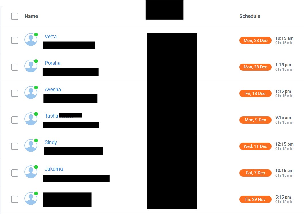 Calendar showing real booked consultation calls with names and dates